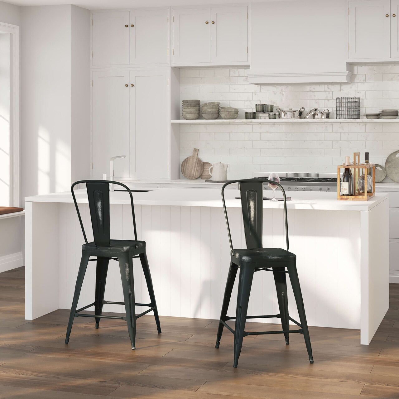 Merrick Lane Sabine Metal Indoor-Outdoor Counter Stool with Vertical Slat Back and Integrated Footrest